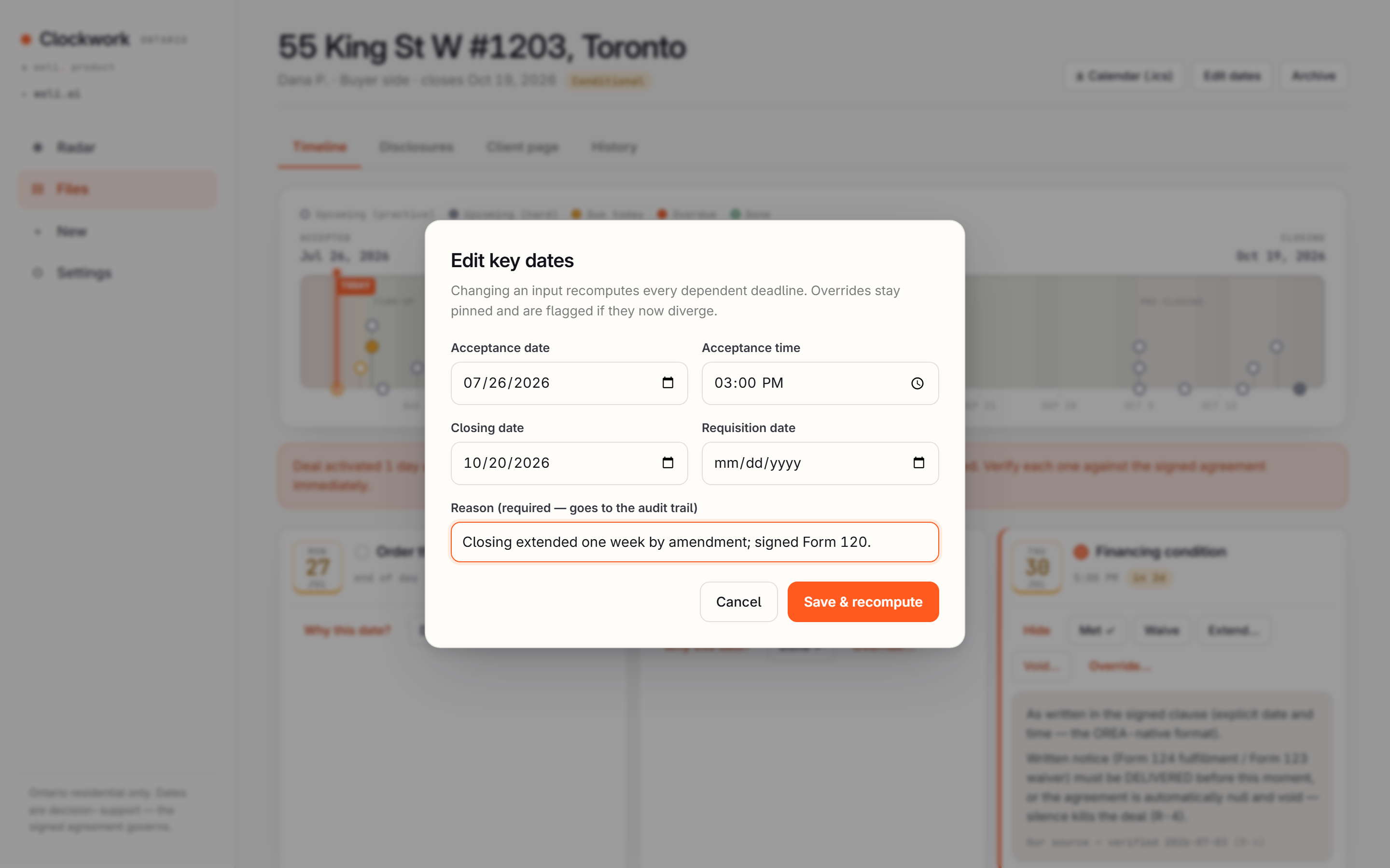 The Edit key dates dialog with an agent changing the closing date and entering a reason for the audit trail