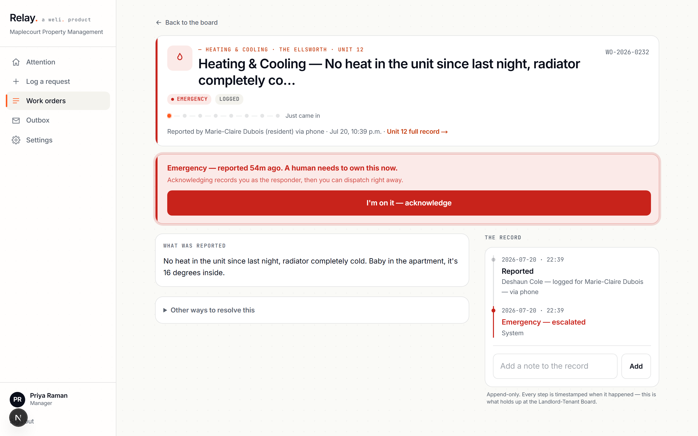 An unacknowledged emergency work order with a one-tap I'm on it acknowledge button, and its record timeline showing the report logged and the emergency escalation